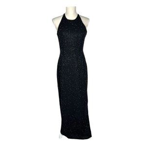 Vintage 90s Black Beaded High Neck Sleeveless Halter Open Back Full Length Dress